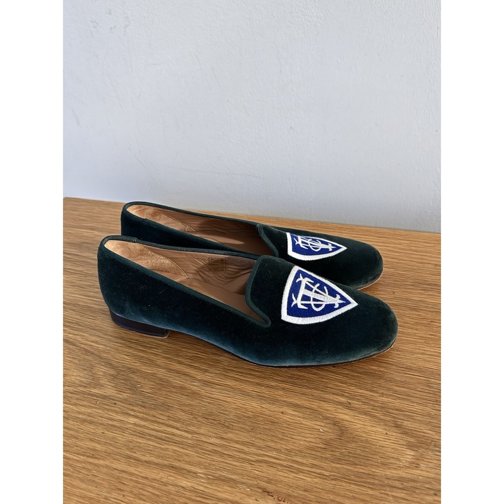 Stubbs & Wootton Womens Vedado Tennis Logo Green Velvet Smoking Loafers Sz 9